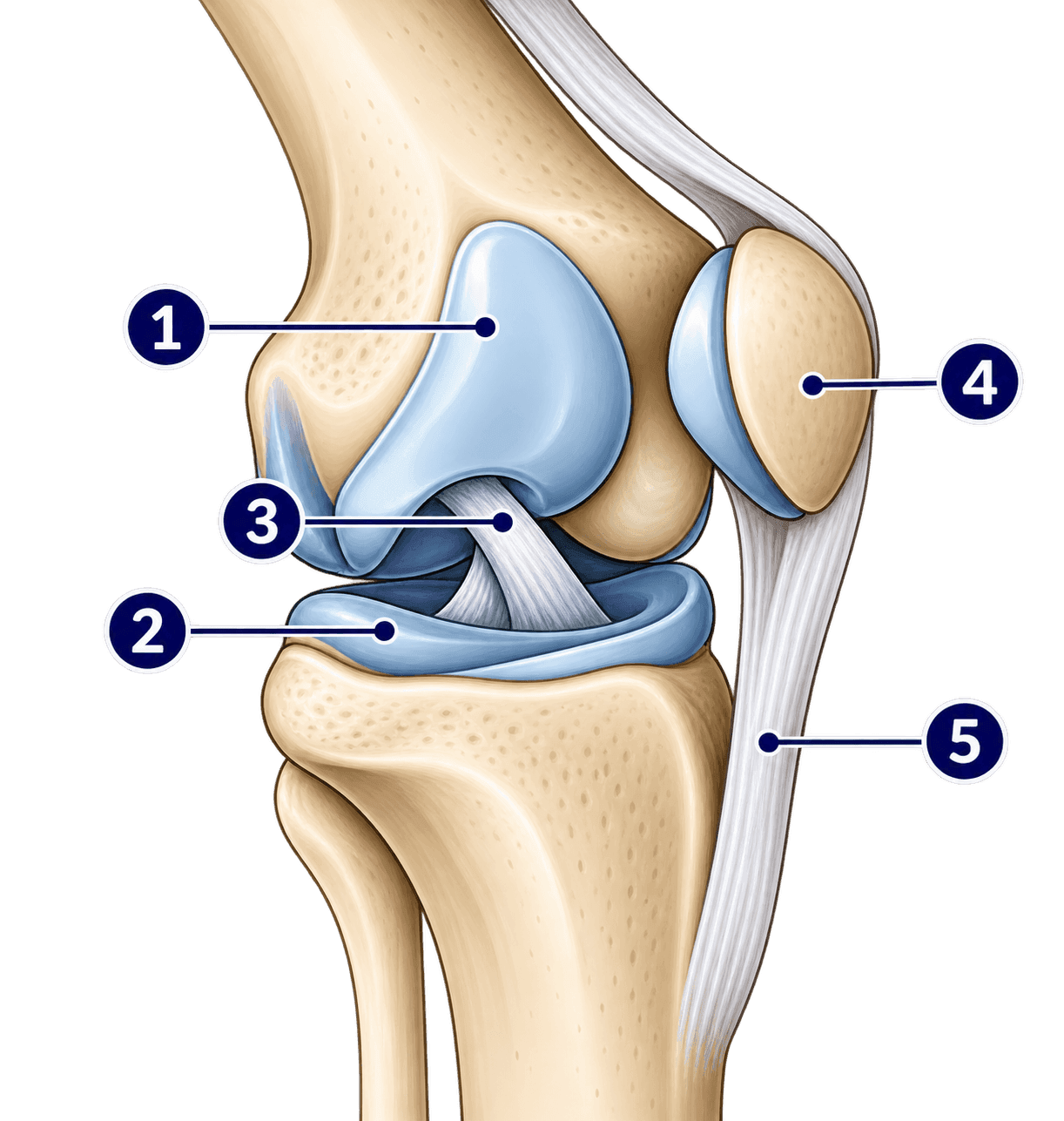 Esquema do joelho em vista lateral com fêmur, tíbia, patela, cartilagem, meniscos e ligamentos