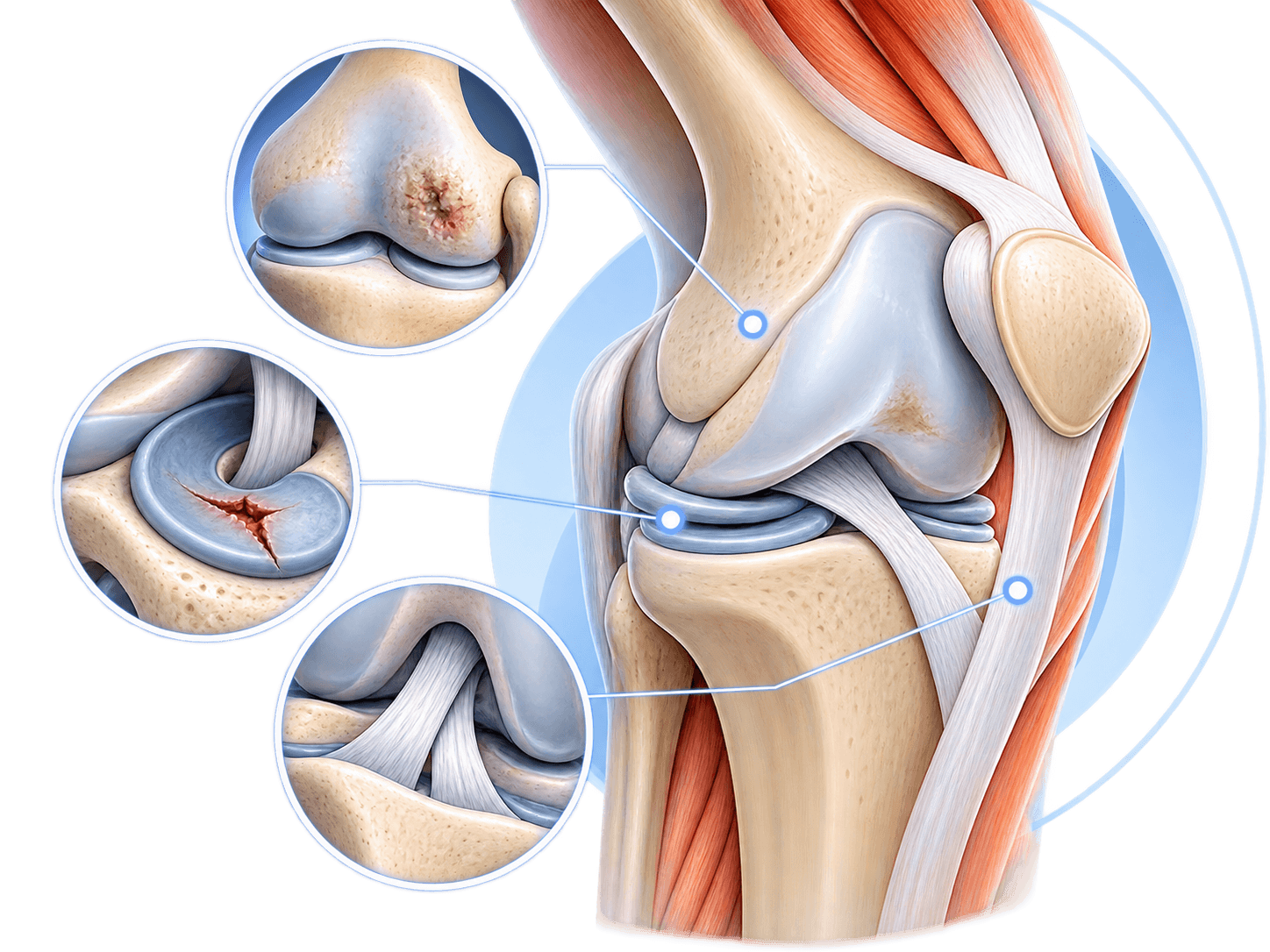 Ilustração do joelho em vista lateral com destaques para desgaste da cartilagem, lesão de menisco e ligamentos